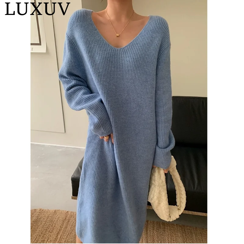

LUXUV Spring Long Knit Women Maxi Sweater Dress Warm Turtleneck Loose Tunic Dress High Street Baggy Midi Pullover Design Dresses