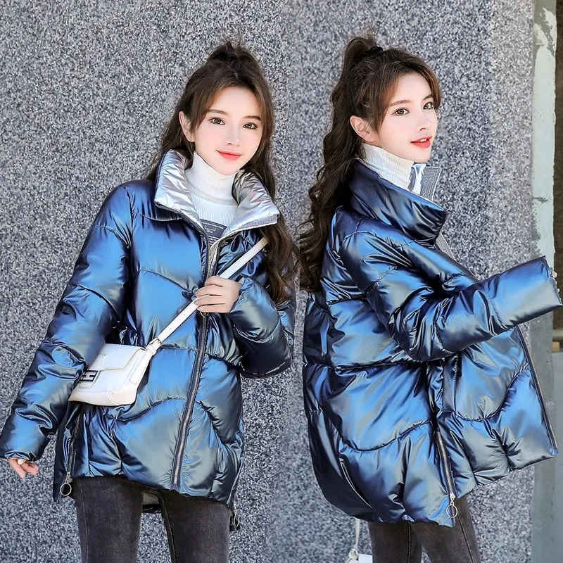 2021 New Women's Winter Jacket Glossy Parka Stand Callor Down Cotton Jacket Warm Casual Cotton Padded Parkas Snow Wear Coat