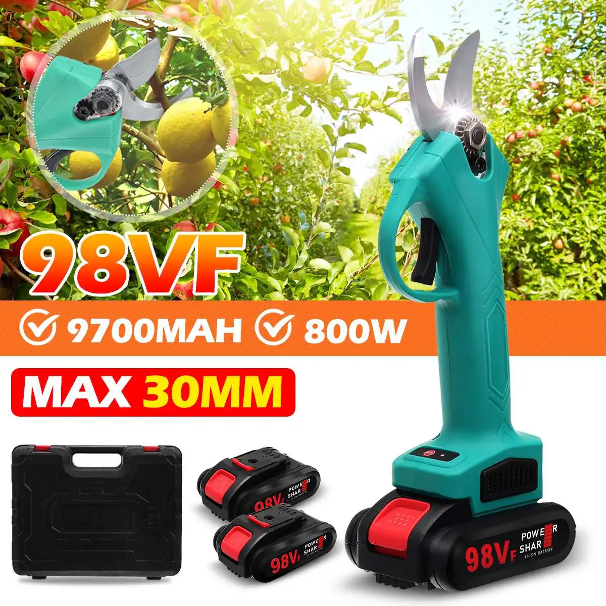 

30mm 98V Cordless Pruner Lithium-ion Pruning Shear Efficient Fruit Tree Bonsai Pruning Electric Tree Branches Cutter Landscaping