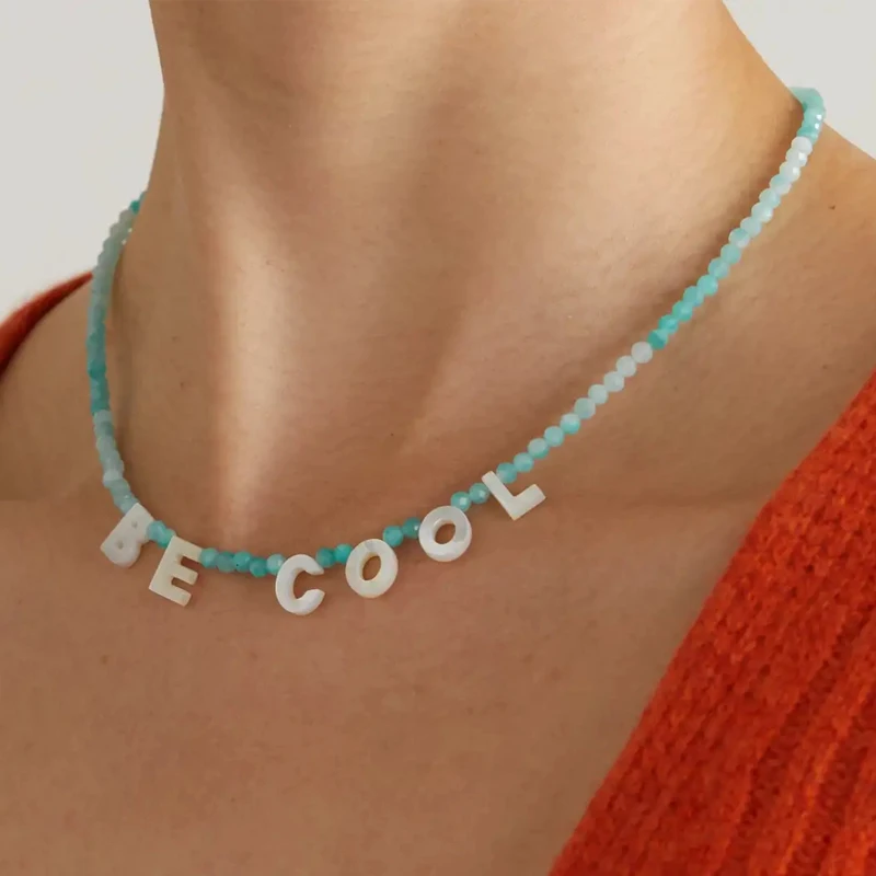 

Faceted Blue Amazonite Natural Stone Name Necklace Man Women White Shell Letters Pendant Collar Birthday Gift