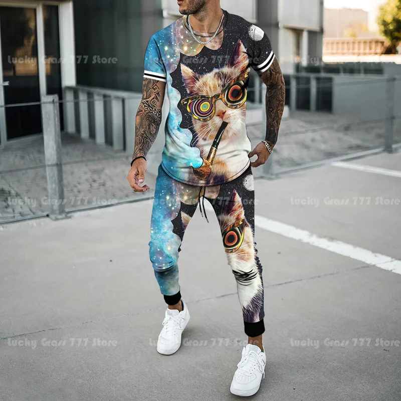 Summer New Men's T-Shirt Sets Sport Pants 2 Piece Suit 3D Terrible Eyes Print Man Clothing Streetwear Fashion Tracksuit Trousers