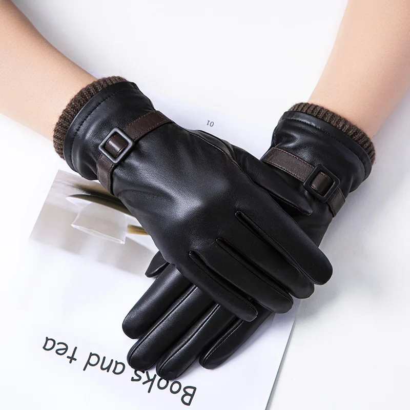 Winter Gloves  Warm Women Real Leather Wool lined Outdoor Riding Driving Black Female Sheepskin Full Finger Gloves
