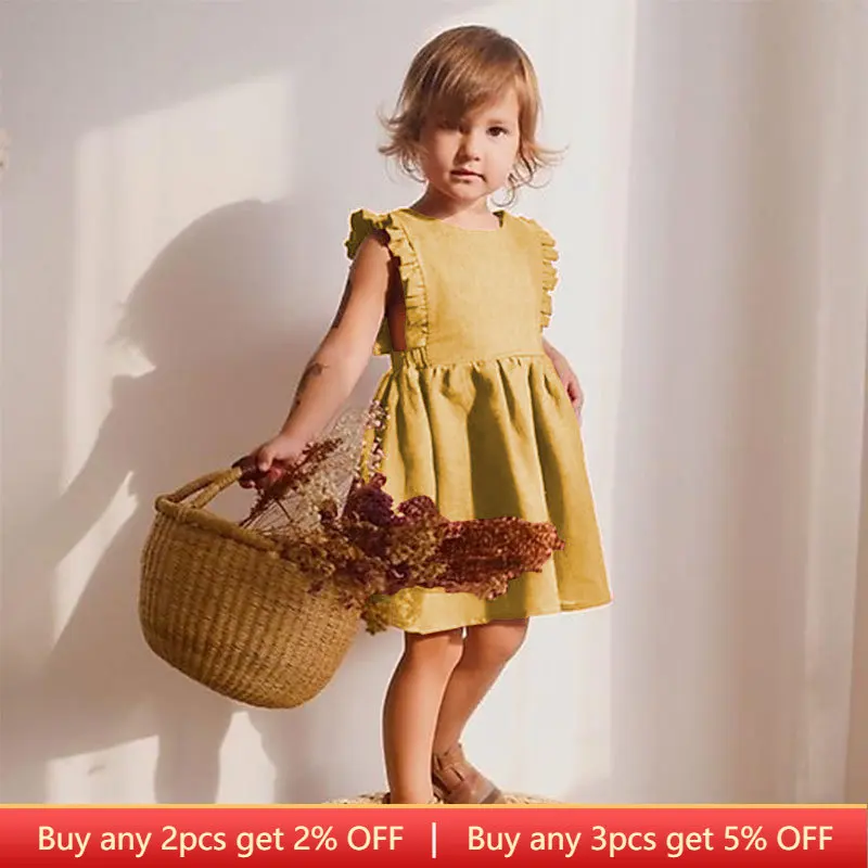 

Summer Baby Girl Dress Toddler Girls Fly Sleeve Solid Ruffles Sleeveless Sundress Linen Cotton Gown A-Line Party Dresses