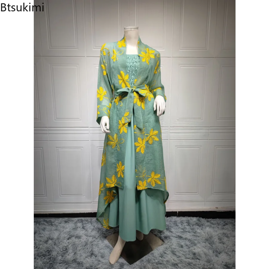 2023 Women Abaya Embroidery Chic and Elegant Woman Dress Mesh Cardigan Belted Kaftan and Solid Gray Camisole Dress Muslim Sets