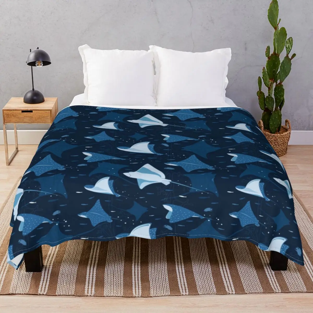 Flying Stingrays Blue Blankets Flannel Printed Super Warm Throw Blanket for Bedding Home Couch Travel Office