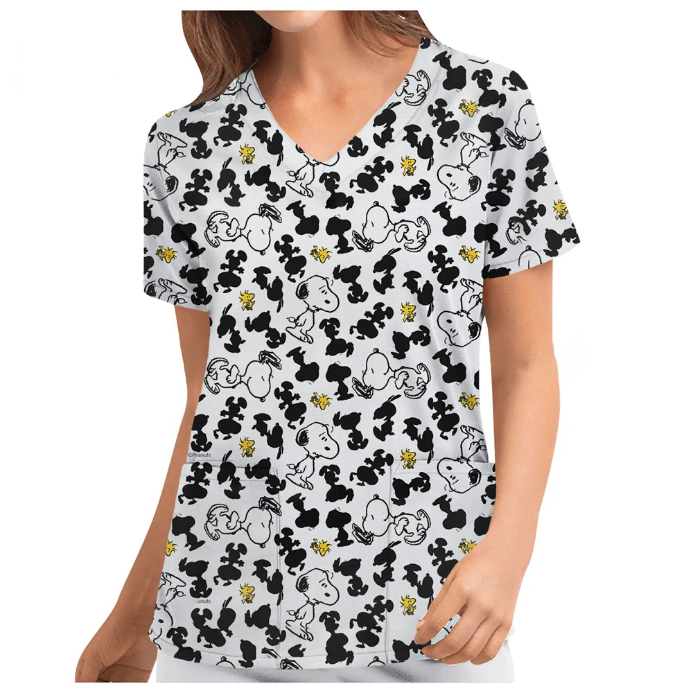 Pocket Women's T-shirt V Neck Nurse Uniform T-Shirt Y2k Clothes Snoopy S-2XL Cheap Top New Hospital Woman Clothing 2024