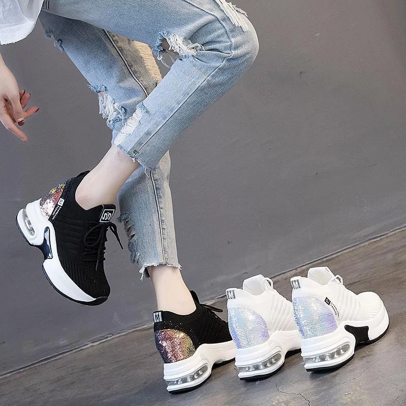 

Женские кроссовки с блестками, Повседневная весенняя обувь на платформе и каблуке, на танкетке, увеличивающие рост, 2022