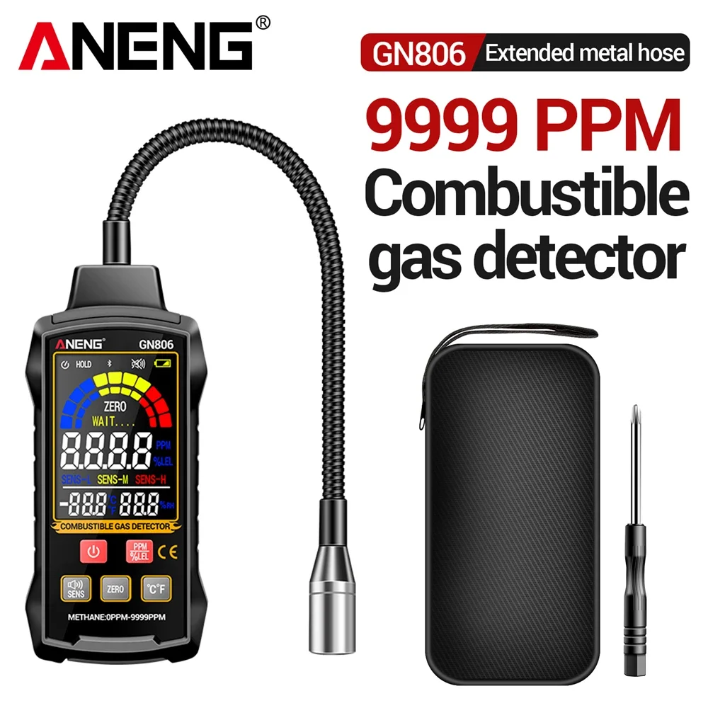 Фото Детектор горючих газов ANENG GN806, 0-9999PPM, 3 уровня чувствительности, регулируемая чувствительность, цветной VA-экран, звуковая сигнализация, для дома и промышленности №1