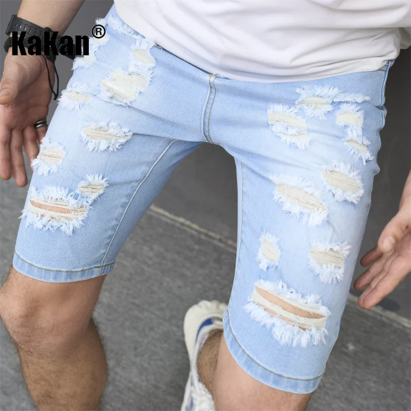 Kakan - European and American Summer New Distressed Stretch Tight Jeans for Men, Casual Light Colored Quarter Pants Jeans K9-635