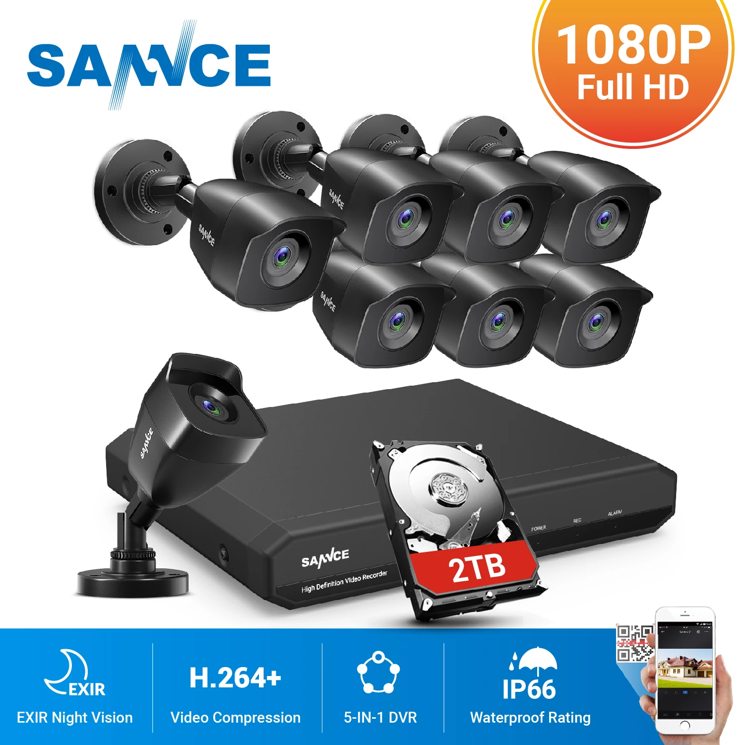 

SANNCE 8CH 1080P DVR CCTV System 4/8pcs 2MP Security Cameras IR outdoor IP66 Video Surveillance kit security protection Set