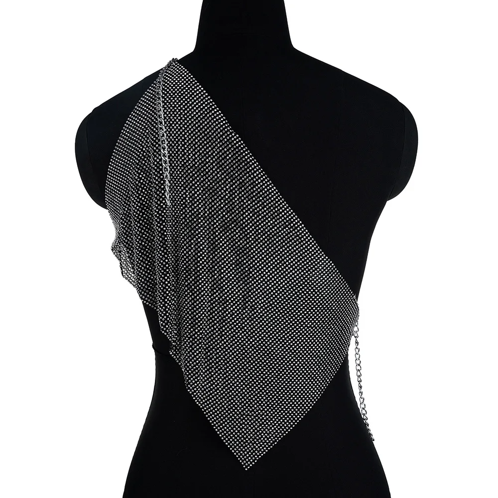 Women Sexy Metal Rhinestone Body Chain Sloping Shoulders Bra Chain Top Chest Chain Fashion Girl Body Jewelry Costume For Party