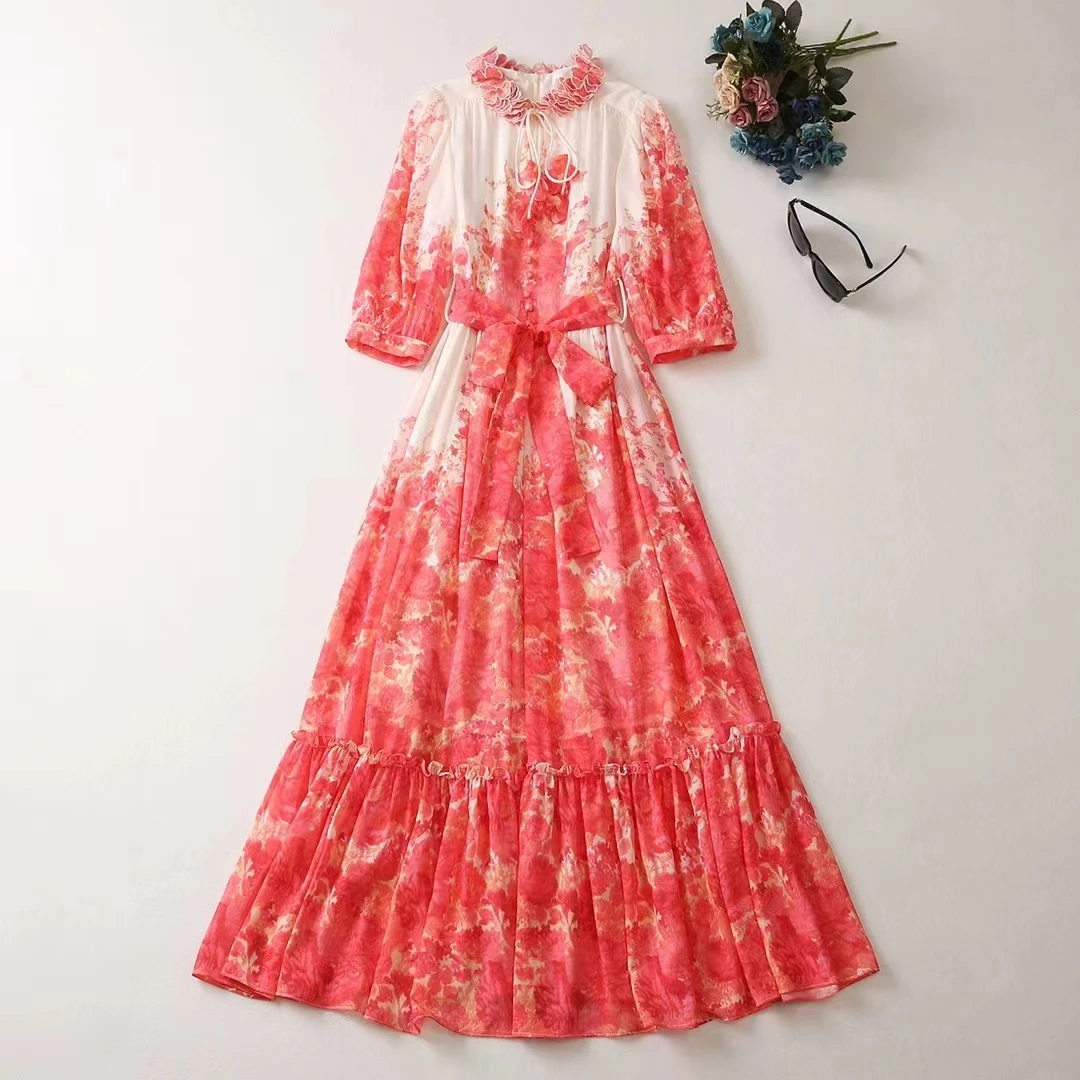 

Женская одежда в европейском и американском стиле, новинка весны 2023, модное плиссированное платье с поясом и принтом, с рукавами в виде лепестков и воротником-стойкой