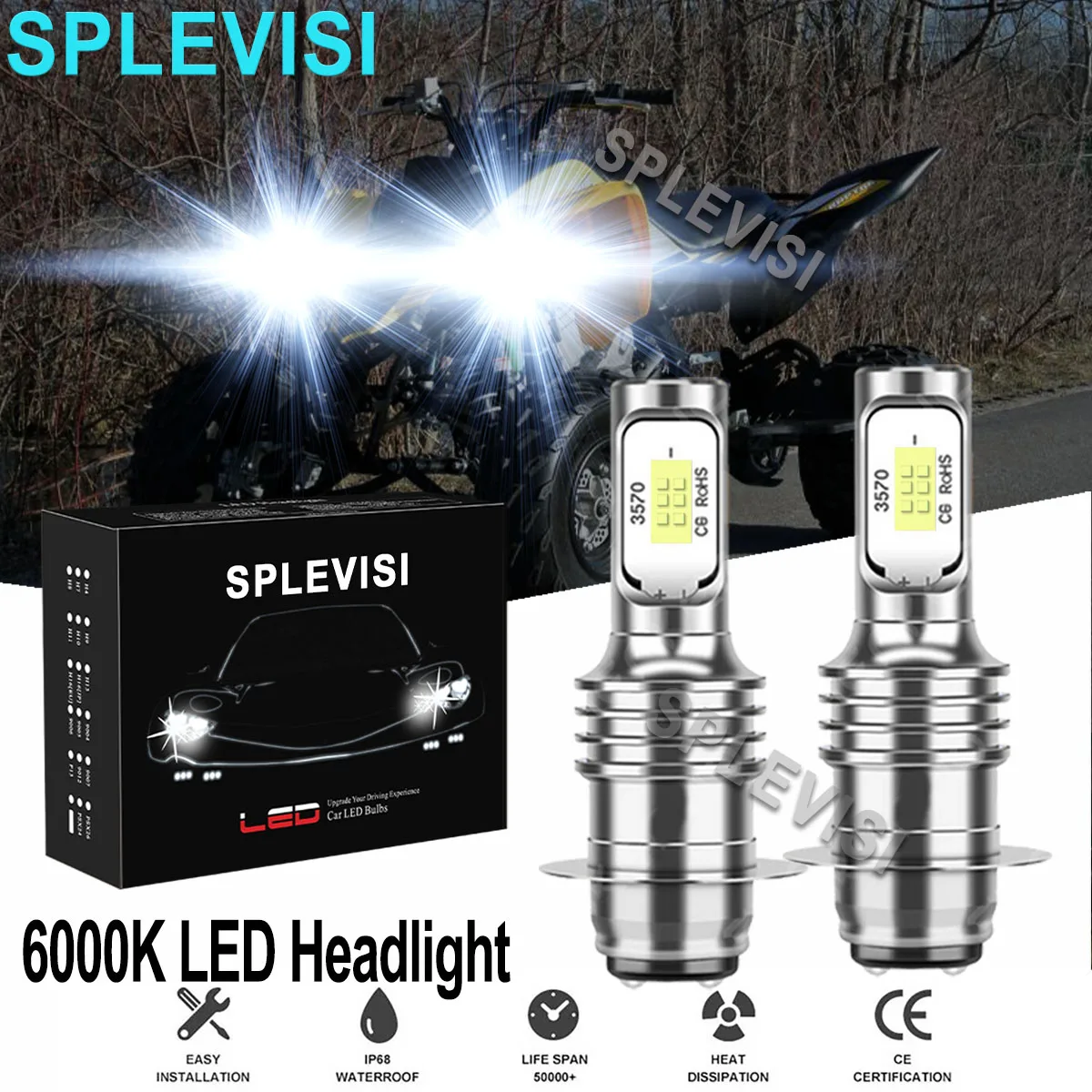 

2x70W Pure White LED Motorcycle Headlight Bulbs 6000K Kit For Yamaha Raptor 125 250 660R 700R YFM660R Motorcycle led