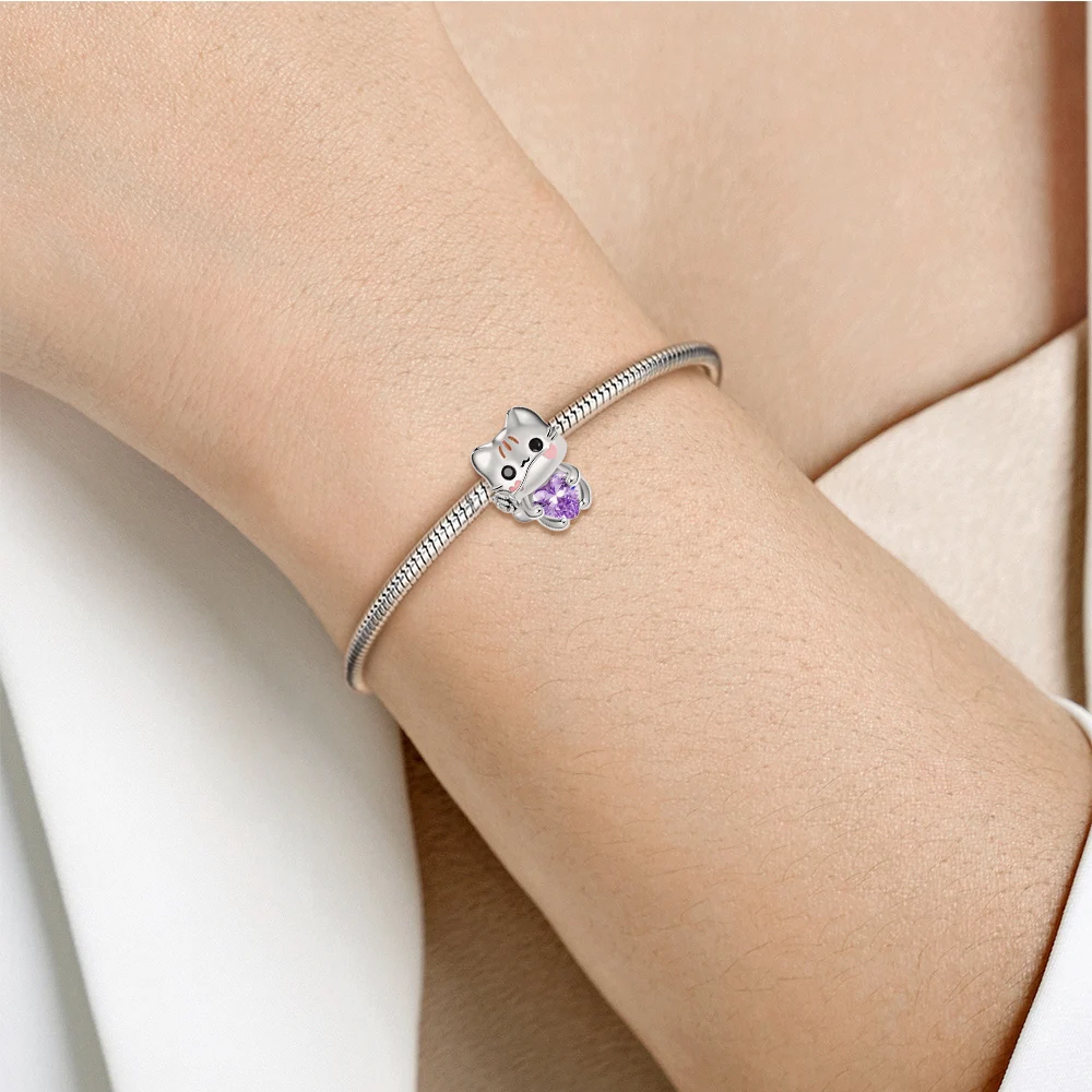 ChimS925-Pendentif en forme d'animaux mignons en argent pour femme, perles de diamant en forme de cœur, bracelet de personnalité bricolage, cadeau de fête