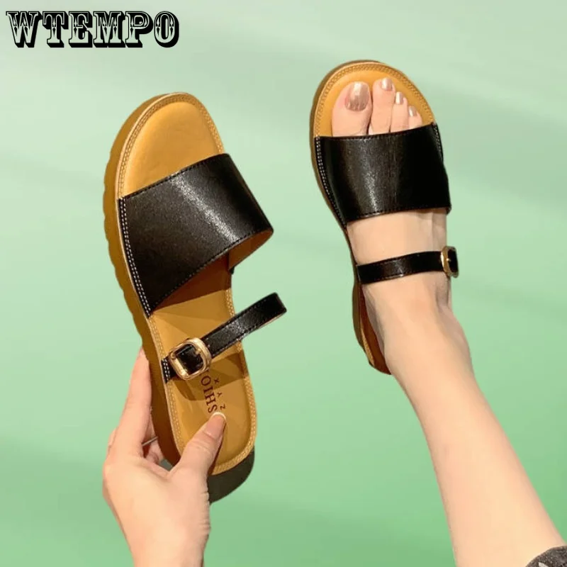 

WTEMPO Summer Fashion Slippers Women's Outer Wear Flat Bottom One Word Drag Leather Soft Bottom Anti-slip Sandals Wholesale