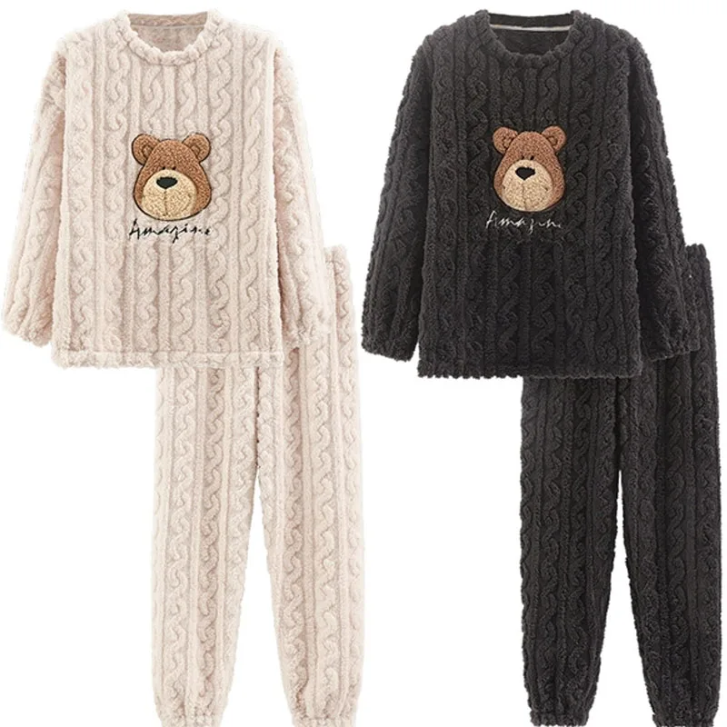 QUHENG Flannel Pajamas for Women Suit Winter Long Sleeved Thick Couple Sleepwear Two-piece Set Cute Soft Men Home Wear Clothes