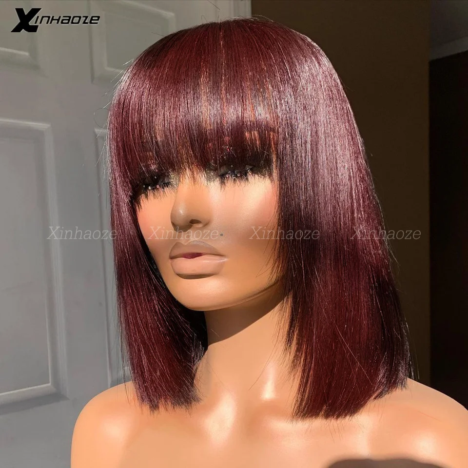99J Burgundy Dark Red Short 13x4 Lace Front Human Hair Wig with Fringe for Women Straight Remy Hair Bob Wigs With Bangs