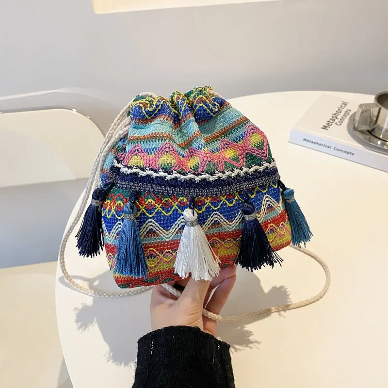 National Drawstring Bag Woven Versatile Messenger Bag Shoulder Bag Retro Mini Korean Tassel Bucket Bag сумка женская 2022 тренд