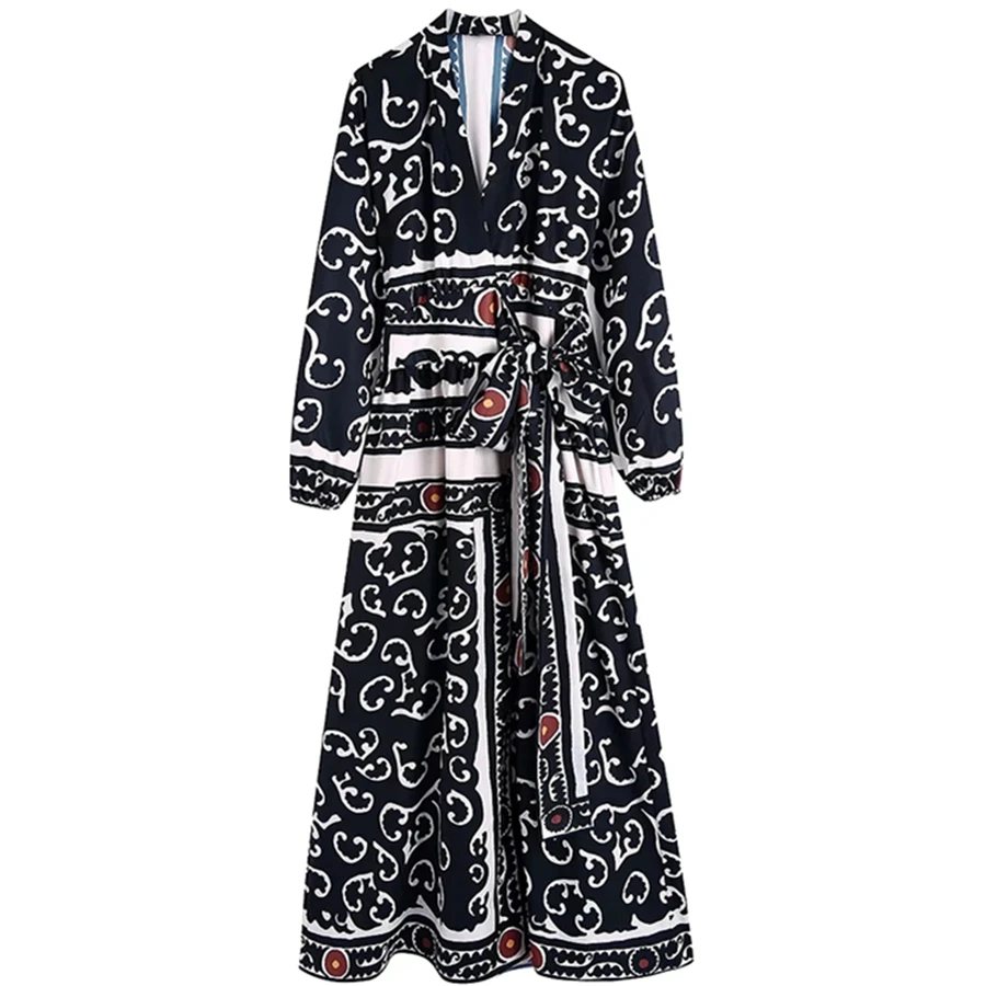

Elmsk 2022 Indie Folk Vintage Geometry Printing Encase Sashes Kimono Dresses Women Fashion Long Shirt Maxi Dress Women