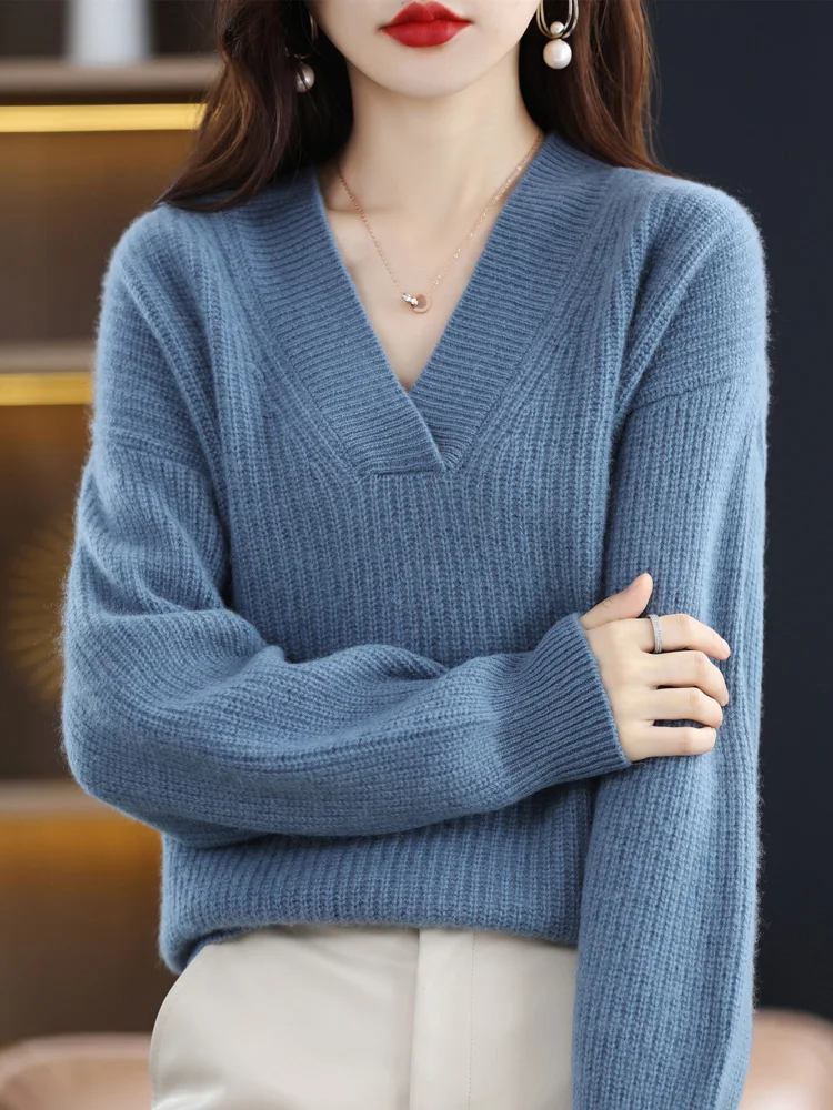 

100% Wool Winter Clothe Women Sweater Tops Korean Fashion Style V-Neck Loose Pullover Long Sleeve Knitwear Thick Cashmere Casual