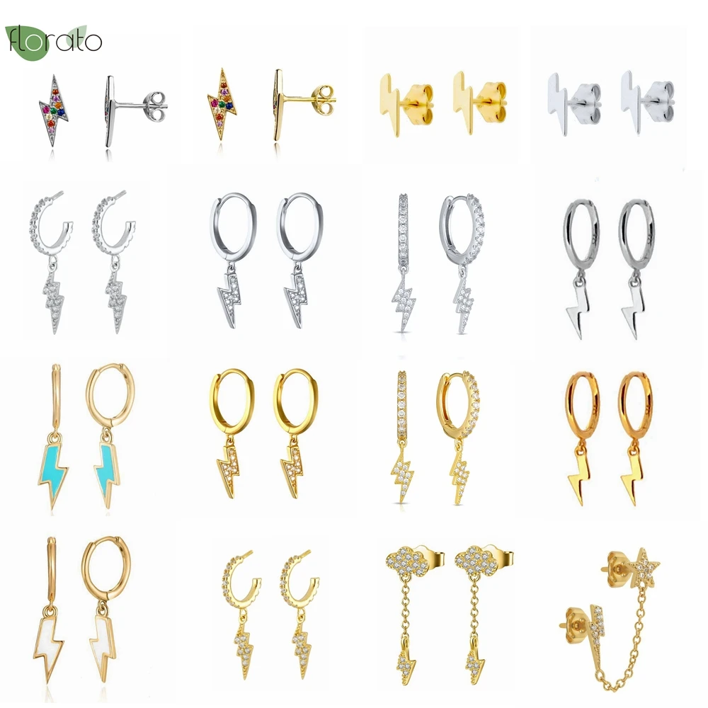 

925 Sterling Silver Needle Vintage Gold Earrings Fashion Lightning Pendant Hoop Earrings for Women Luxury Jewelry Premium Gift