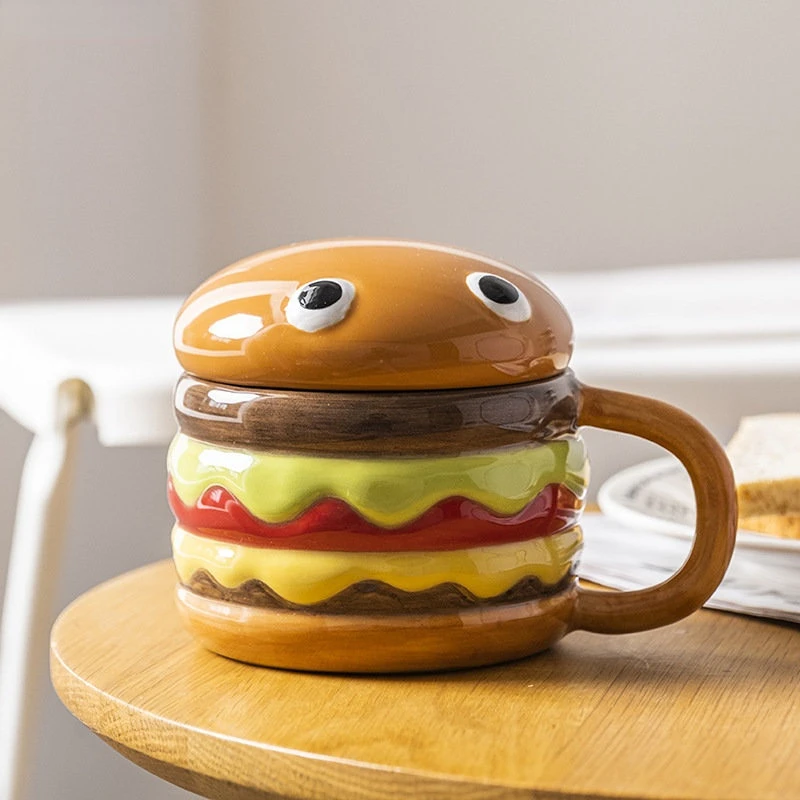 

300ml Ceramic Cup Creative Hamburger Coffee Cup Cute Cartoon Children's Mug Breakfast Oatmeal Milk Cups with Lid Home Cups