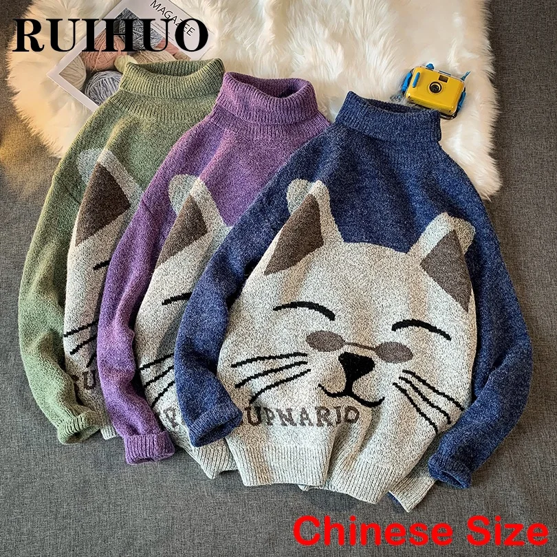 

RUIHUO Cartoon Turtleneck Men Clothing Vintage Sweaters For Men Winter Clothes Pullover Men Knitwear Tops 5XL 2022 Autumn Winter