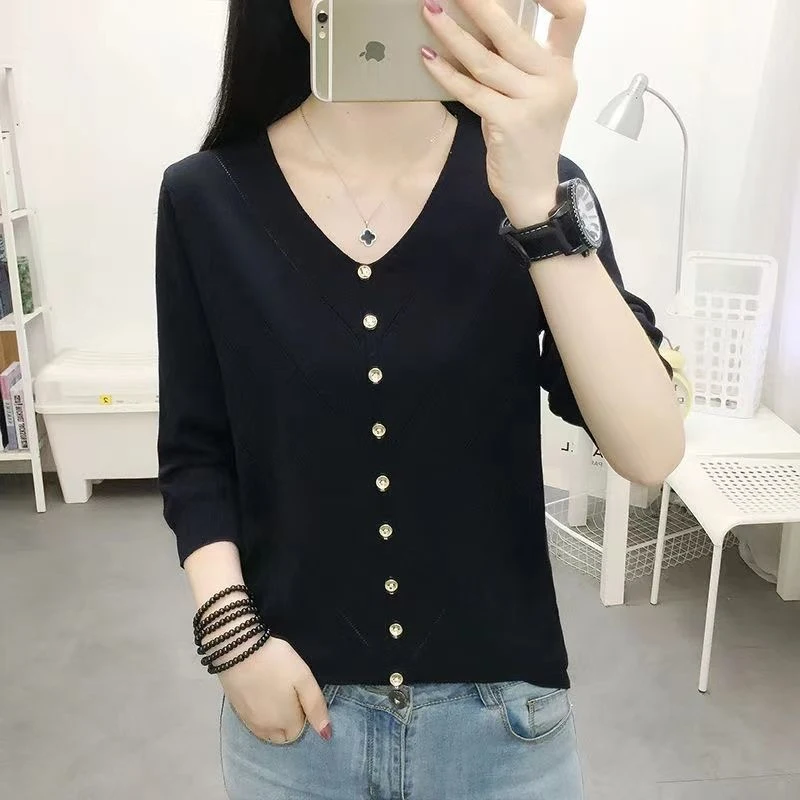 

Женский Длинный трикотажный свитер, свободный элегантный Однотонный пуловер с V-образным вырезом и рукавами, базовый свитер в Корейском стиле на весну и осень