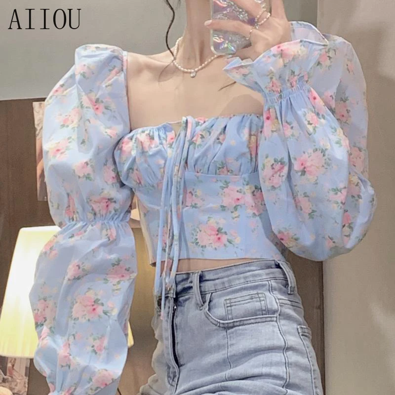 

AIIOU Blouse Women Ruffle Floral Top Bloused Puff Sleeve Ladies Crop Tops Female Lace Up Chiffon Shirt Casual Korean Blusas