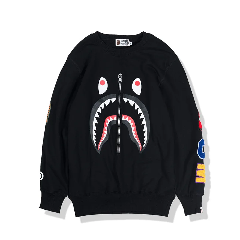 

Bape Round Neck Pullover Ape Head Black Shark Fake Zipper Print Hoodie Womens Designer Sweatshirt WGM Embroidery Cotton Hoody