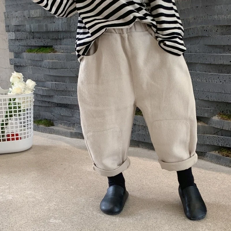 

Autumn Winter children solid color patch trousers 1-8Years Boys and Girls cotton loose casual harem pants