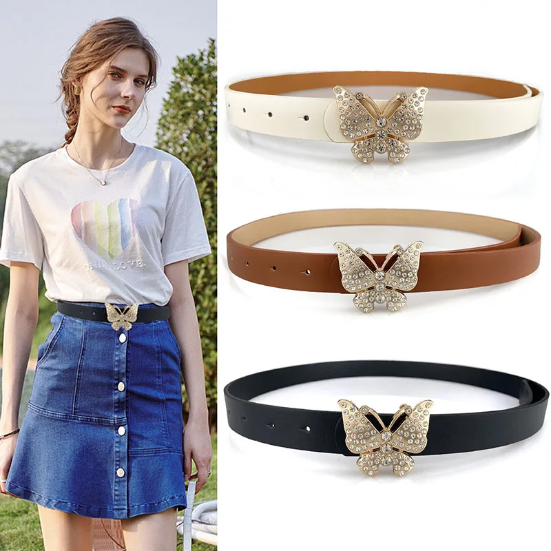 Designer Fashion Ladies Butterfly Rhinestone Buckle Belt Simple Versatile PU Leather Waistband Decorative Jeans Dress New Belt
