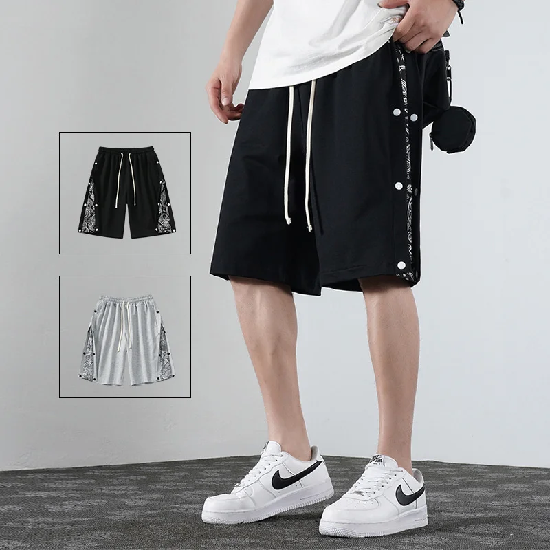 High quality Buckle Shorts Men's Summer Slim Sports Cropped Trousers Cashew Flower Trend Loose Basketball Pants Teenagers