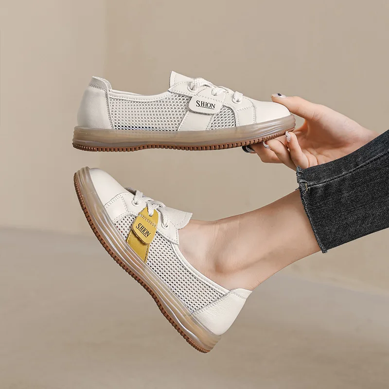 Women's Sandals Head Layer Cowhide Summer Patchwork Small White Shoes Women's 2023Shallow Casual Shoes Soft Single Shoes Luxury