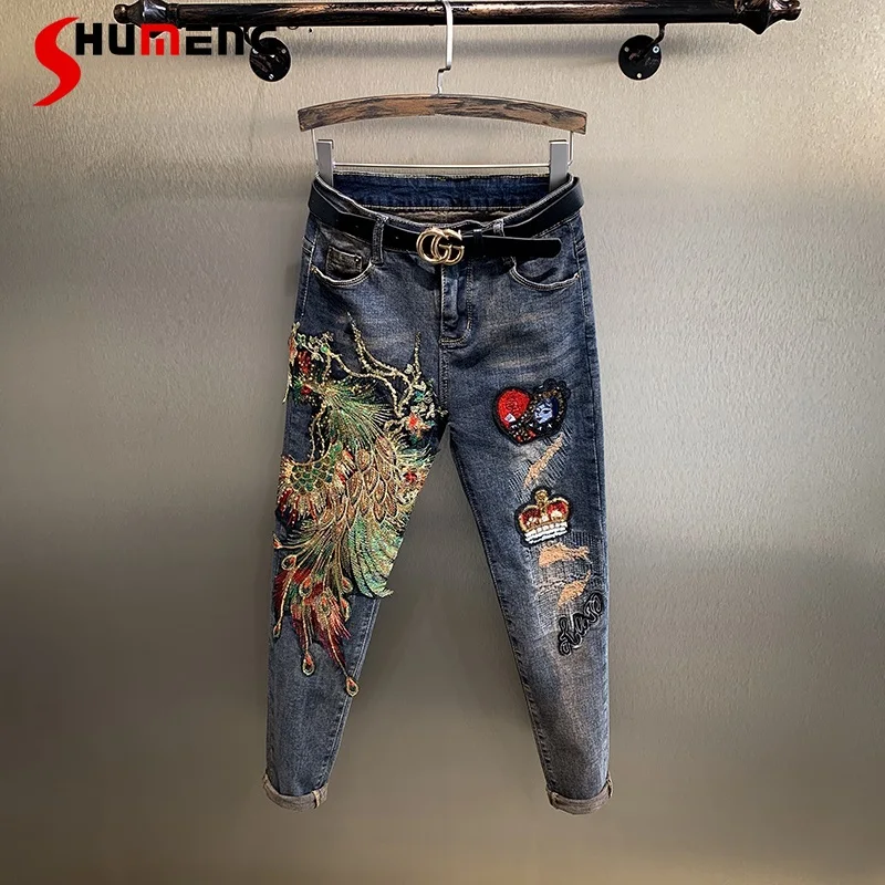 

Женские длинные джинсы с вышивкой Феникс, новые европейские модные облегающие брюки из денима в западном стиле с высокой талией, весна-осен...