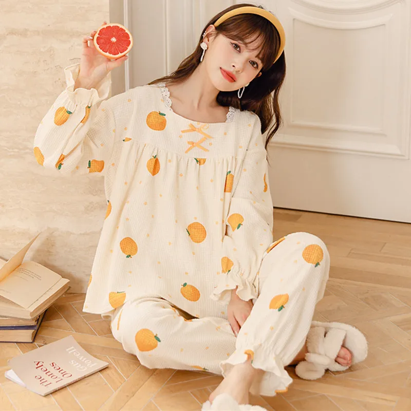 Women's Pajamas Spring Autumn Waffle Long Sleeves Sleepwear Set 2023 New Ruffled Sweet Housewear Clothes Pyjamas Female