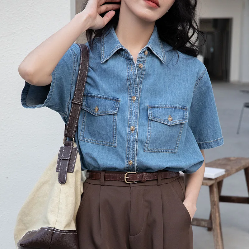 

New Summer Fashion Women's Shirt 2023 Short Sleeve Denim Solid Commuter Slim and Versatile Loose Shirt