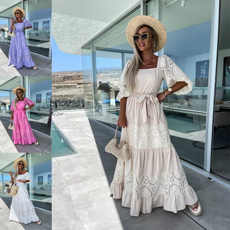 

Summer Women Long Dress with Belt White Lace Hollow Out Square Collar Short Sleeve Holiday Party Dresses Maxi Dress for Women