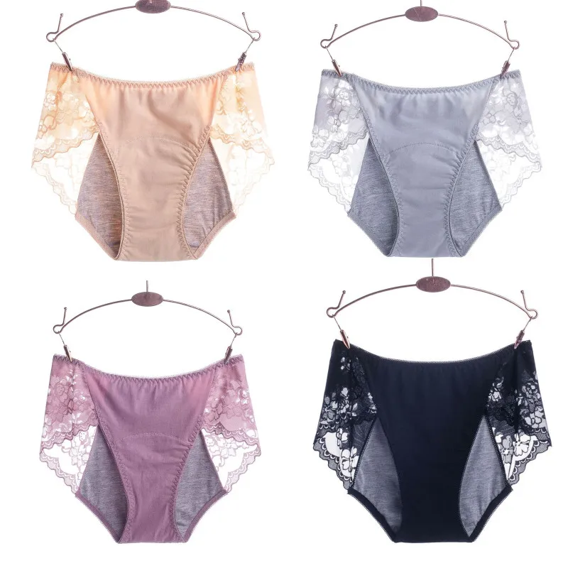 

4PCS Lace Menstrual Period Panty Triple Leak Proof Women's Panties Translucent Lace Trim Underwear