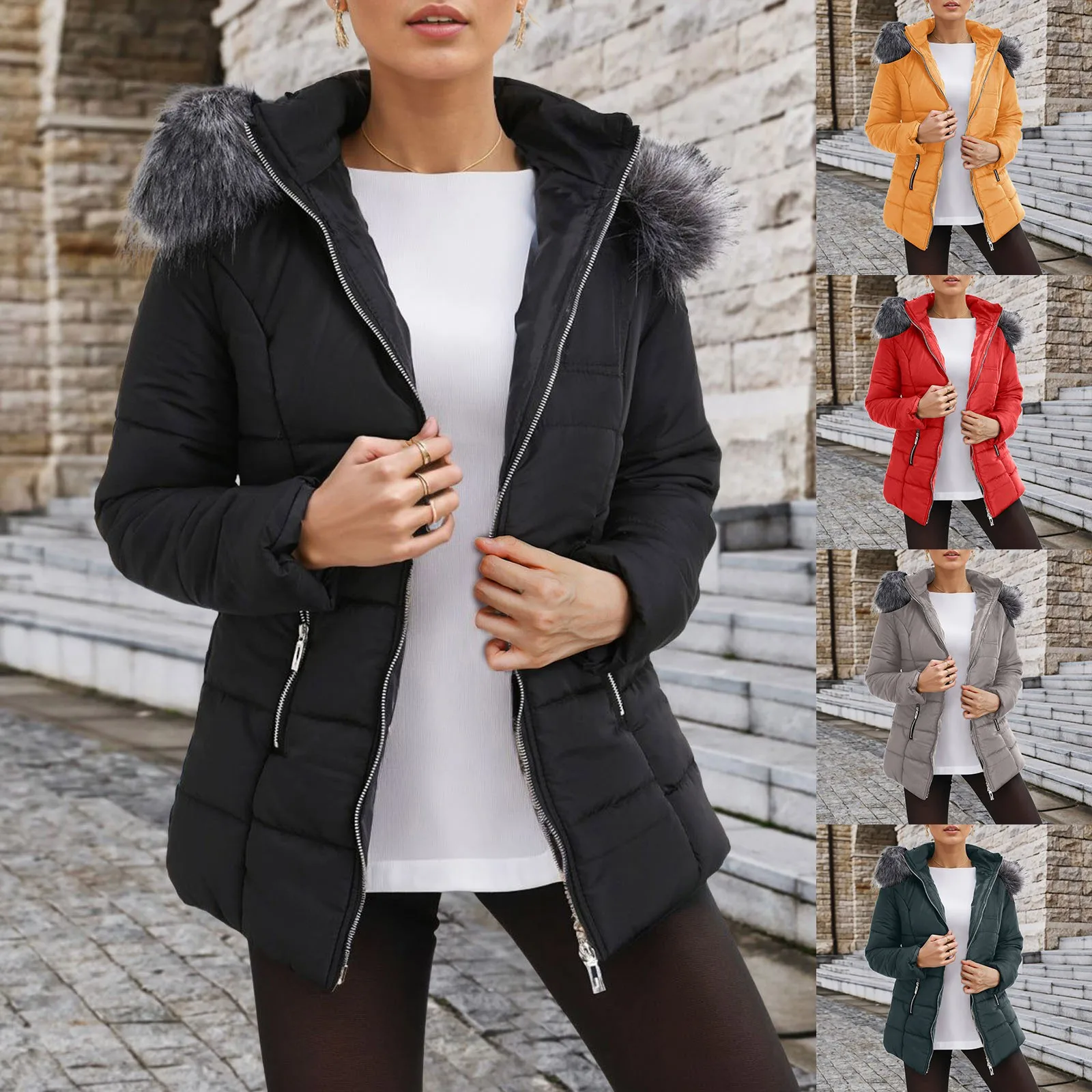 

Женское приталенное хлопковое пальто с капюшоном, на молнии, элегантное плотное теплое пальто для отдыха, однотонная хлопковая верхняя одежда для женщин