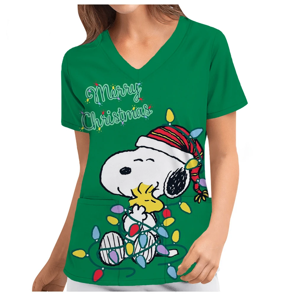 Pocket Women's T-shirt V Neck Nurse Uniform T-Shirt Y2k Clothes Snoopy S-2XL Cheap Top New Hospital Woman Clothing 2024