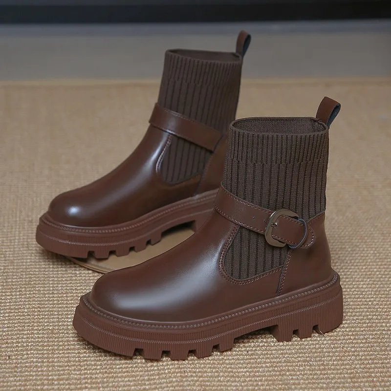 

2023 Autumn Winter PU Leather Knitted Stitching Women's Boots Round Toe Flat Fashion Ankle Boots Retro Belt Buckle shoes boots