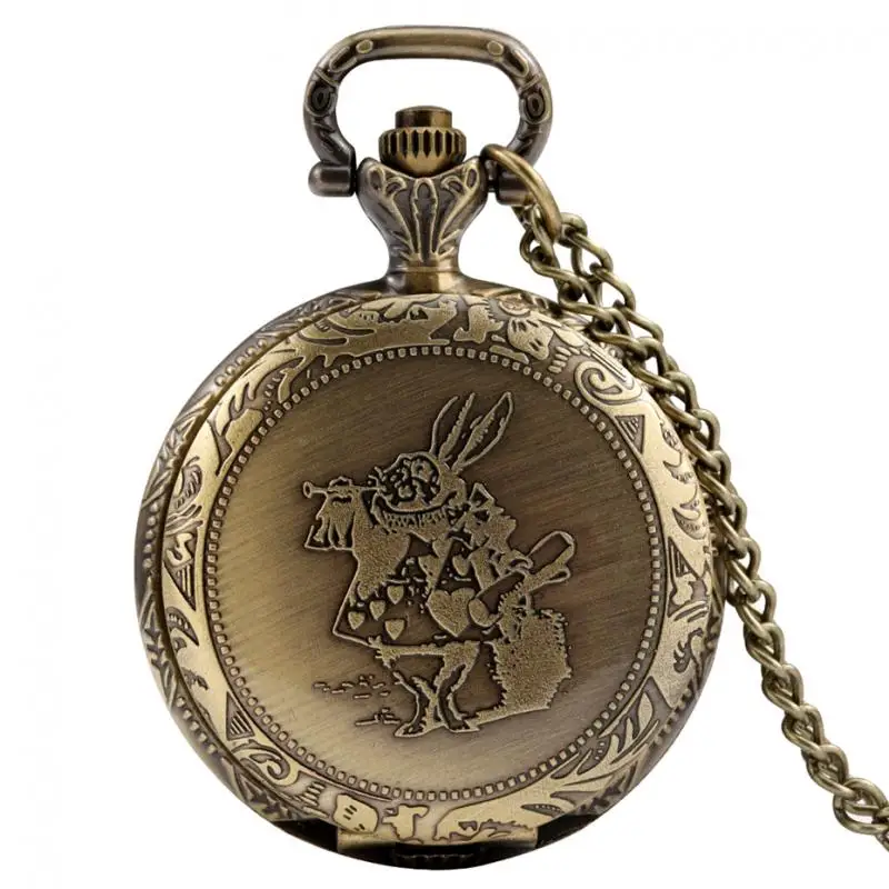 

Antique Bronze Alice in the Wonderland Themed Rabbit Quartz Pocket Watch Necklace Pendant Chain Cosplay Fans Gifts for Men Women