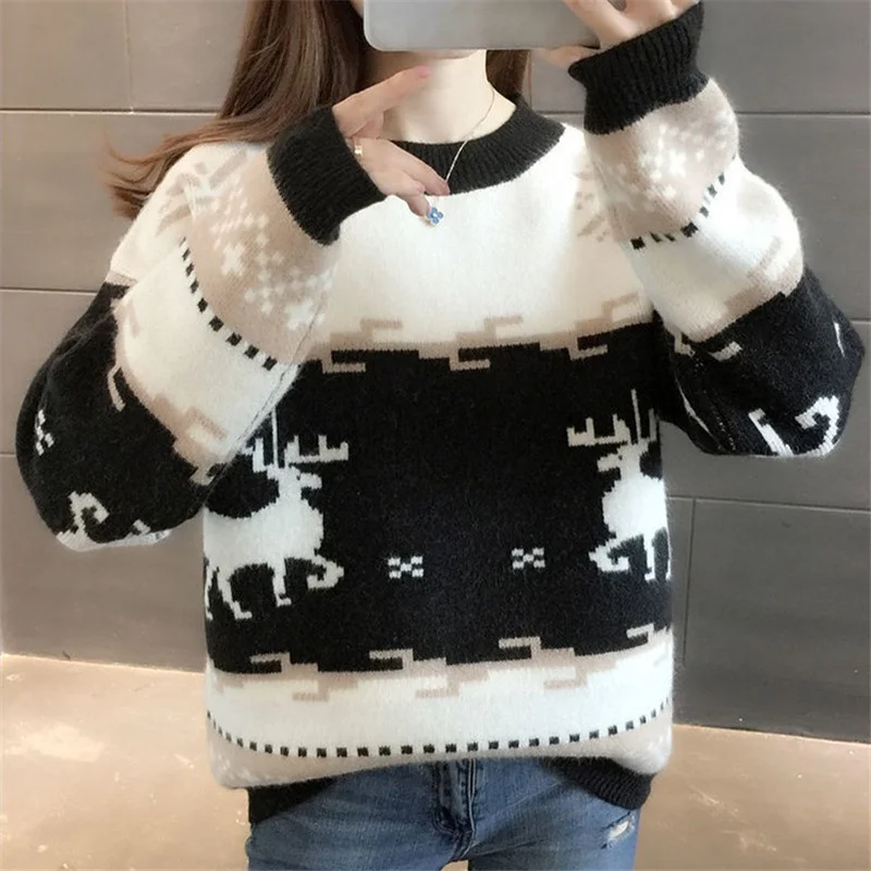 

Winter Autumn Fashion O-Neck Knitted Sweater Women Loose Pullover Jumpers Ladies Korean Patchwork Long Sleeve Knit Tops Female