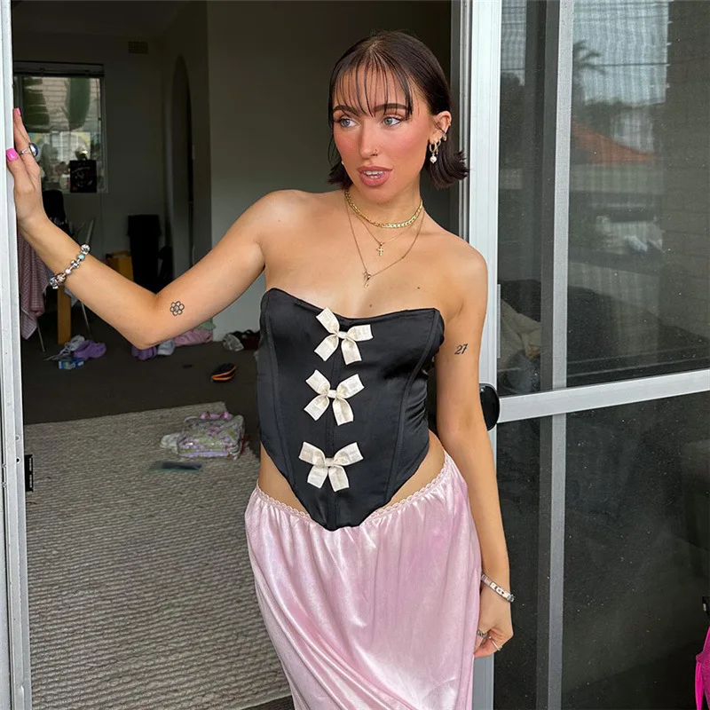 

Сексуальная Женская футболка Gtpdpllt Y2K без бретелек с бантом и отделкой, короткий топ, футболки, черный корсет, топы, женские летние обтягивающие футболки, клубная одежда