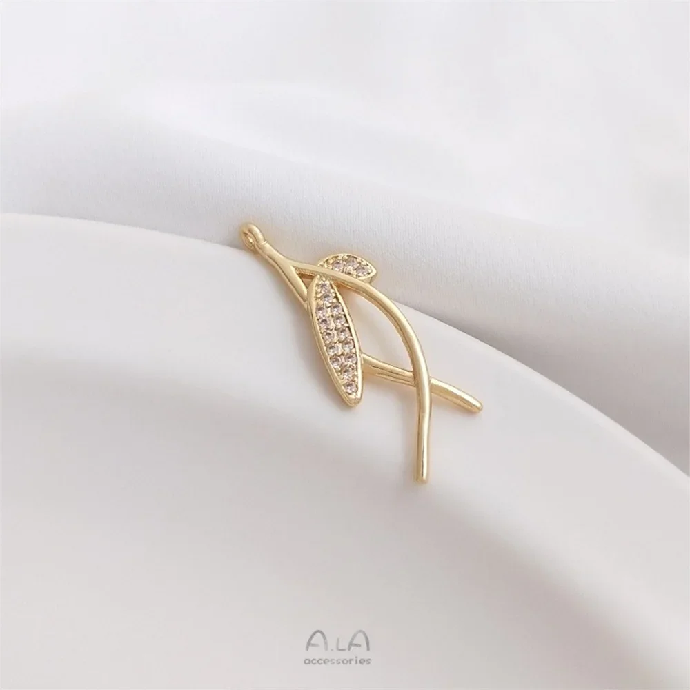 14-каратное золото с микроинкрустацией цирконом кулон в виде ветки и листа серьги