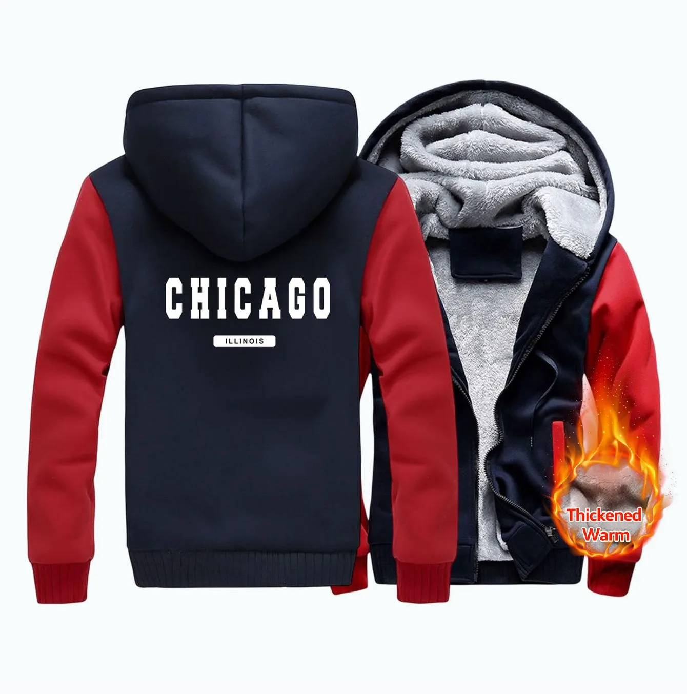 Chicago Illinois Letter Print Hoodie Man Thickened Zipper Casual Big Size Hooded Warm fur-liner Simple M-XXXXXL Tops