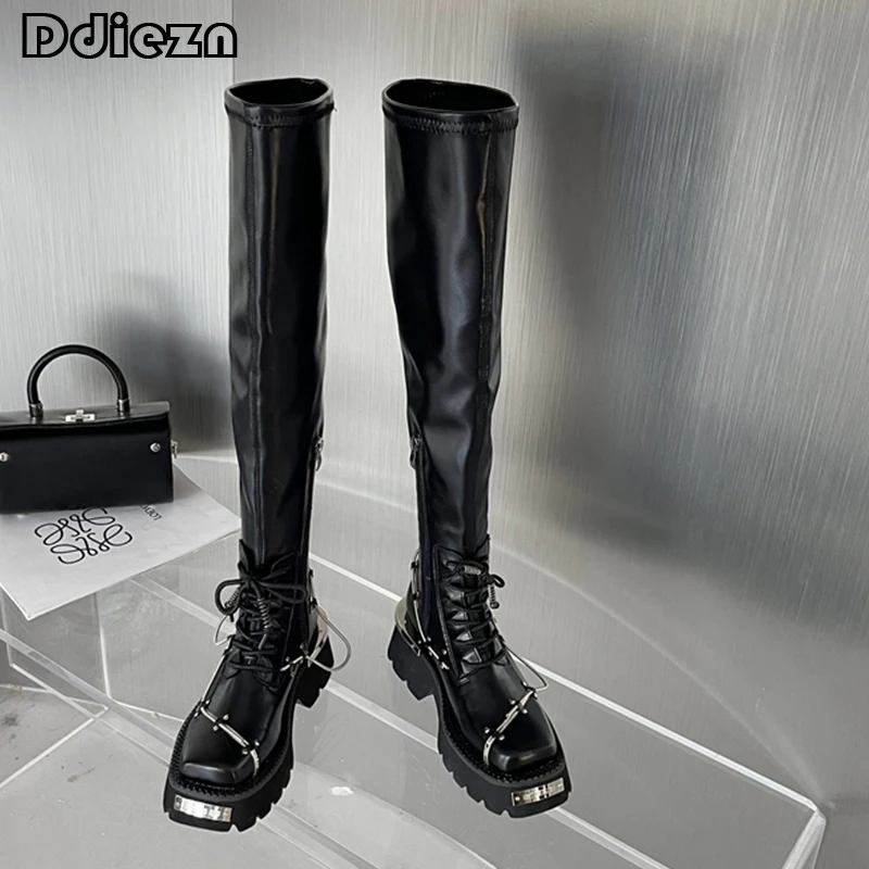 

Winter High Platform Boots For Women Stretch Female Shoes 2022 New Metal Over the Knee Square Toe Mid Heels Ladies Modern Boots