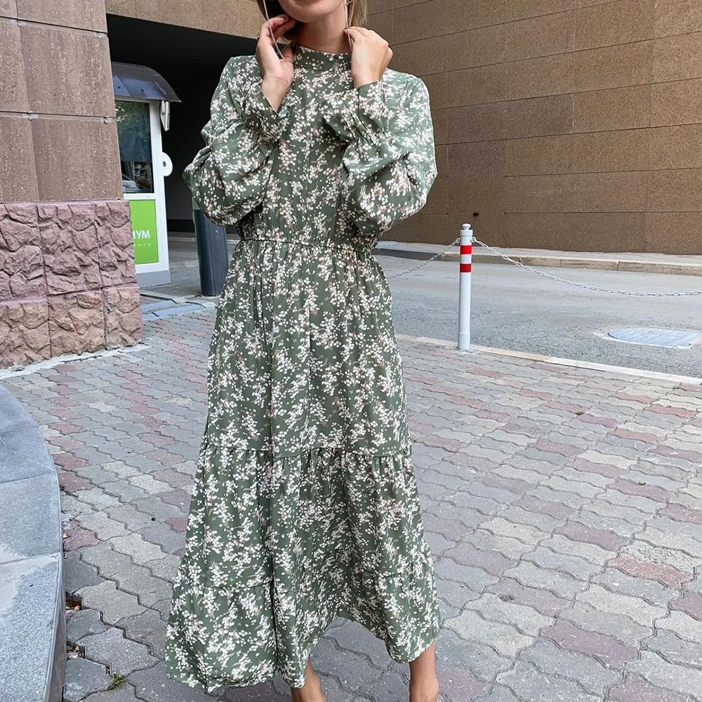 

Elegant Shirring Maxi Dress 2023 Spring New Fresh Green Floral Dress Women Half High Collar Printed Long Sleeve Slim Party Dress