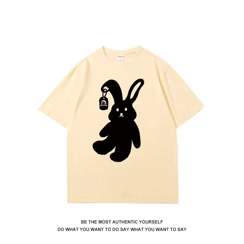 

Cute bunny doll print basic black short-sleeved women T-shirt 2023 summer couple tops ins trend versatile high street niche top